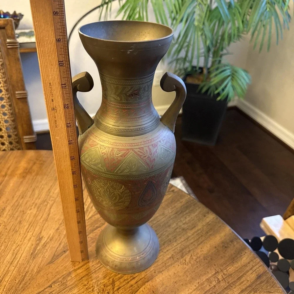 Vintage Solid Brass Vase Hand Etched Floral/Leaf Design 15.5